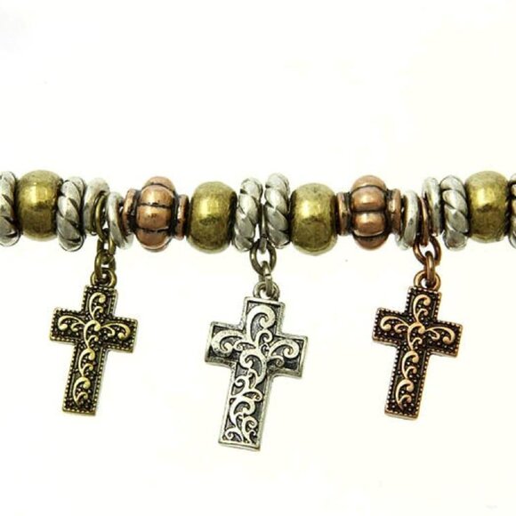 Cross Charm Bracelet Silver Gold Copper Tone 7.5-8.5" 3 Crosses Slider Style - Picture 2 of 4